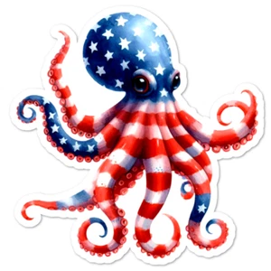 July 4 Patriotic Octopus Vinyl Sticker, Water Resistant, Laptop, Water Bottle - Picture 1 of 1
