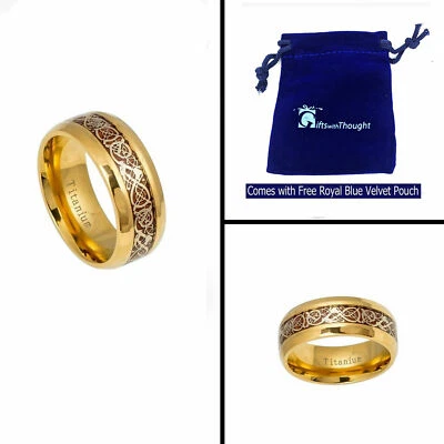 Anillo Banda Engagemen 8mm Hombres Oro Titanio Leal Dragón Celta Lealtad Incrustación Madera Foto 1 de 3