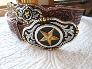 TONY LAMA SZ 36 LAREDO RANGER WESTERN BELT LEATHER TOOLED SILVER & GOLD BUCKLE - Picture 1 of 11