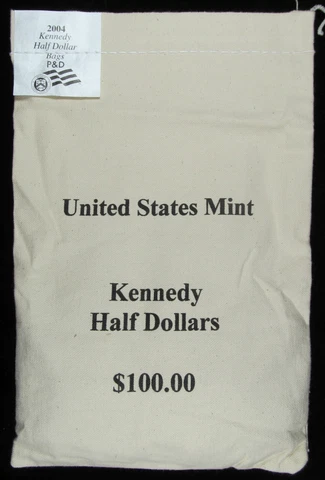 2004 P&D Kennedy Half Dollars $100.00 BU Mint Sewn Bag • Uncirculated JFK Halves Cover