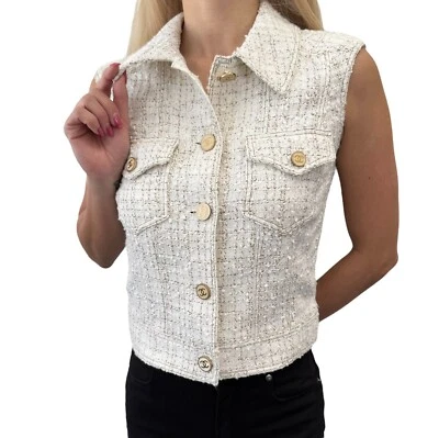 Chaqueta Chaleco CHANEL Vintage 01P Marca CC Logo Sin Mangas #36 Blanco Algodón Botón Foto 1 de 4