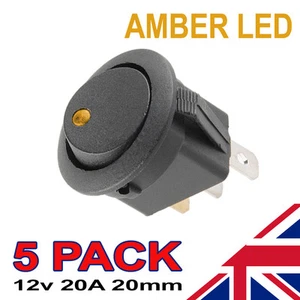 5 x Amber LED On/Off Black Round Rocker Switch Car Automotive 20mm SPST Boat - Picture 1 of 2