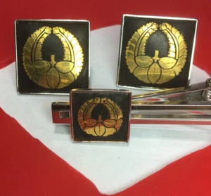 Antique 24k Gold Foil Sterling Silver Power Cufflinks & Tie bar 3 Pc Set - Picture 1 of 7