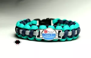 Pulsera de alerta médica para diabetes tipo 1 Paracord azul marino gris marino hecha en EE. UU. - Imagen 1 de 6