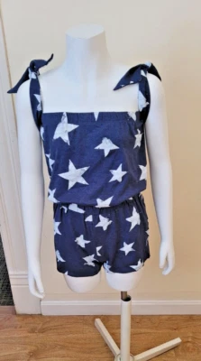 French Toast Blue with White Stars Tie Straps 1 Pc Romper Girl's Size 10/12 - Image 1 of 4