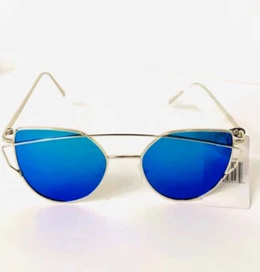 Cat Eye Mirrored Fashion Sunglasses Silver Frame With Blue Mirrored Lens - Picture 1 of 2