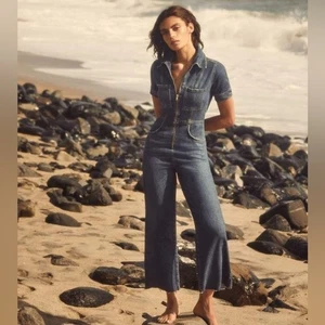 REFORMATION Georgia Jumpsuit Kurzarm Denim Einteiler Reißverschluss in Medium Wash - Bild 1 von 11