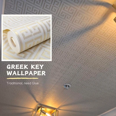 Papel tapiz de vinilo metálico geométrico con patrón de llave griega tradicional Foto 1 de 4