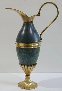 Vintage Dayagi Brass Pitcher W/ Enamel Verdigris Green Judacia ~ Made In Israel - Picture 1 of 23