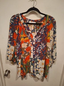 Rose & Olive Colorful Floral Chiffon Peasant Top Sz 1X Casual Summer Artsy - Picture 1 of 7