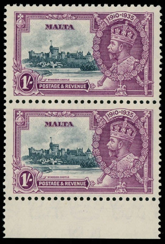 Malta Silver Jubilee 1S 1935, sello superior asta de bandera extra en par vertical NH SC. #187 Foto 1 de 3