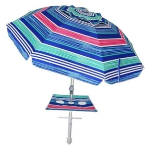 7ft Heavy Duty High Wind Beach Umbrella with sand anchor, Blue Red Stripes - Picture 1 of 7