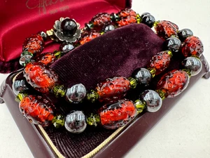 RARE RED CRACKEL GLASS BEADED FRENCH CHOKER NECKLACE HEMATITE SPACERS FLOWER CLS - Picture 1 of 8