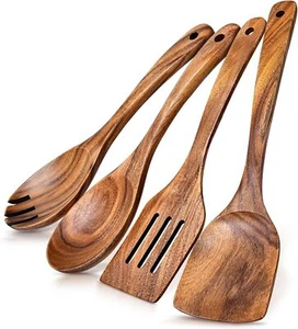 4Pcs Acacia Wooden Spoons for Cooking, Baking, Nonstick Pans, Long Handle - Picture 1 of 7