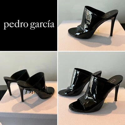 PEDRO GARCIA $570 Black Patent Leather Slides, Peep-Toe Sandals, Heels 39IT/9US - Image 1 of 4