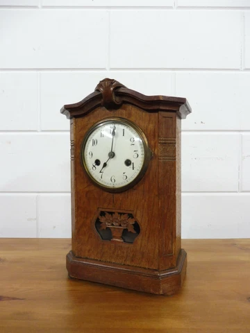 Antique German Mantel Clock Table Clock Oak Wood Cover