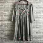 Goodnight Macaroon Embroidered Floral Gray Bohemian Square Neck Midi Dress Large
