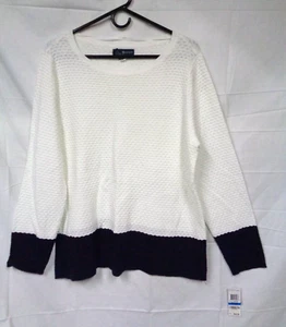 Women's KAREN SCOTT 90467WT243 Bright White Combo Navy Blue Long Sleeve Shirt XL - Picture 1 of 8