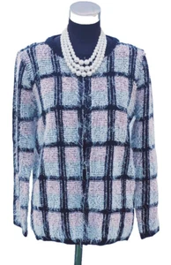 For Her Paris Knit Sweater Cardigan Jacket L Black White Pink Wool Eyelashes XL - Picture 1 of 7