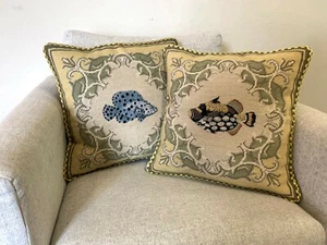 Pair of Needlepoint Pillow Tropical Clown Trigger and Spotted Fish Wool Cushion - Picture 1 of 7