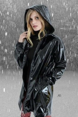 PVC Vinyl Trench Rain Coat Jacket Hoodies - Image 1 of 3