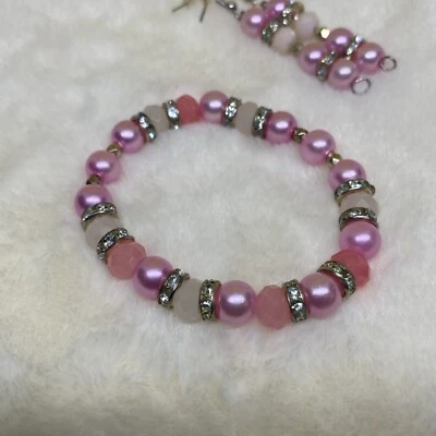 Juego de pulsera y pendiente 2024 Elagape rosa, blanco perla cristal Foto 1 de 4