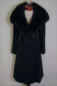 RARE VINTAGE 1950s PAULINE TRIGERE BLACK CASHMERE WOOL FOX FUR SHAWL COLLAR COAT - Picture 1 of 12