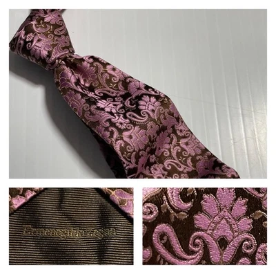 ERMENEGILDO ZEGNA Italy Pink Bronze Damask Floral Ornamental Woven Silk Tie Foto 1 de 4