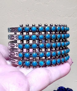 HERMOSO Brazalete Nativo Americano Plata Esterlina Turquesa 5 Filas Ojo de Serpiente - Imagen 1 de 19