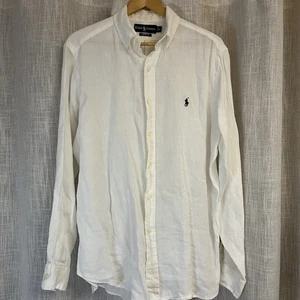 Camicia Ralph Lauren bianca lino manica lunga con bottoni L blu pony spiaggia lusso - Foto 1 di 10