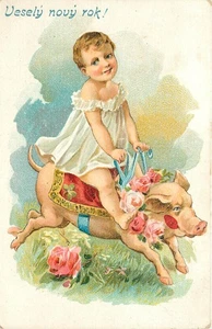 AK Baby Mädchen reitet Schwein Rose Girlande Vesely Novy Rok Frohes Neues Jahr Slowakisch - Bild 1 von 2