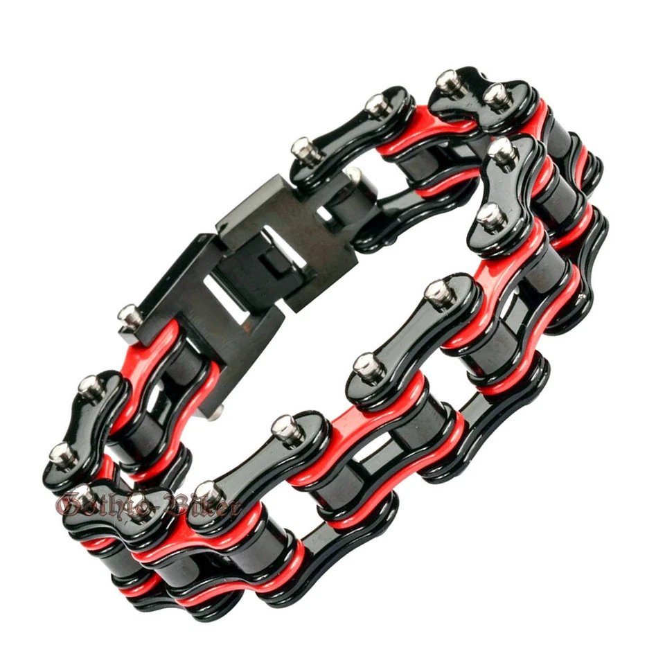 Pulseira masculina corrente de motocicleta de aço inoxidável preta vermelha sólida 9 polegadas (L) - Imagem 1 de 4