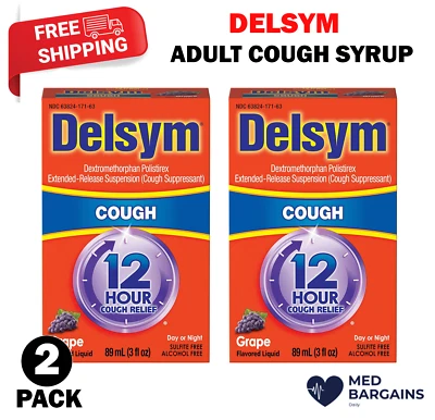 Delsym Adult Cough 12hr Relief Suppressant Liquid Grape Flavor 3 Ounce  - 2 Pack - Image 1 of 4