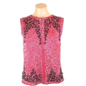Ohrbach’s’ Beaded Tank Top Vest Zip front Vintage 50s Red Black Sequin sz 34 - Picture 1 of 8