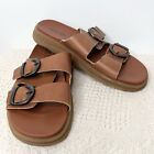 Earth Lory Strappy Casual Flat Slip-On Sandals Tan Brown Leather Comfort 8.5
