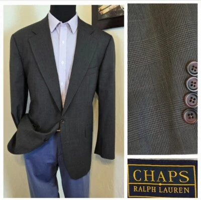 VTG Ralph Lauren Chaps Blazer 44R Gray Plaid Sport Coat Suit Jacket 2 Button - Image 1 of 4