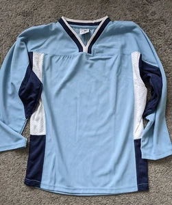 NEW UNUSED JUNIORS LARGE MONTREAL BRAND HOCKEY JERSEY BLUE WHITE PLAIN - Picture 1 of 3