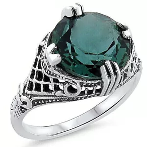 DECO ANTIQUE STYLE 925 STERLING SILVER 3.50 CARAT SIMULATED EMERALD RING 540Z - Picture 1 of 3