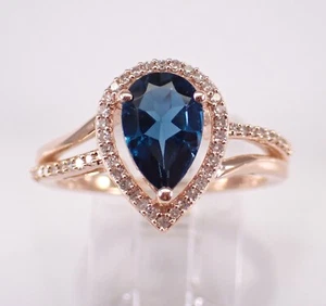London Blue Topaz Engagement Ring Rose Gold Diamond Halo December Gemstone - Picture 1 of 7