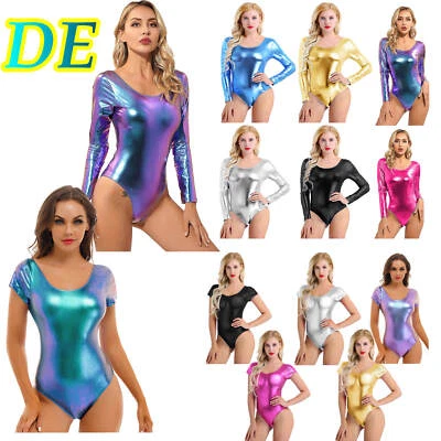 DE Damen Metallic Body Lackleder Bodysuit Catsuit Langarm/Kurzarm Turnanzug Tanz - Bild 1 von 4