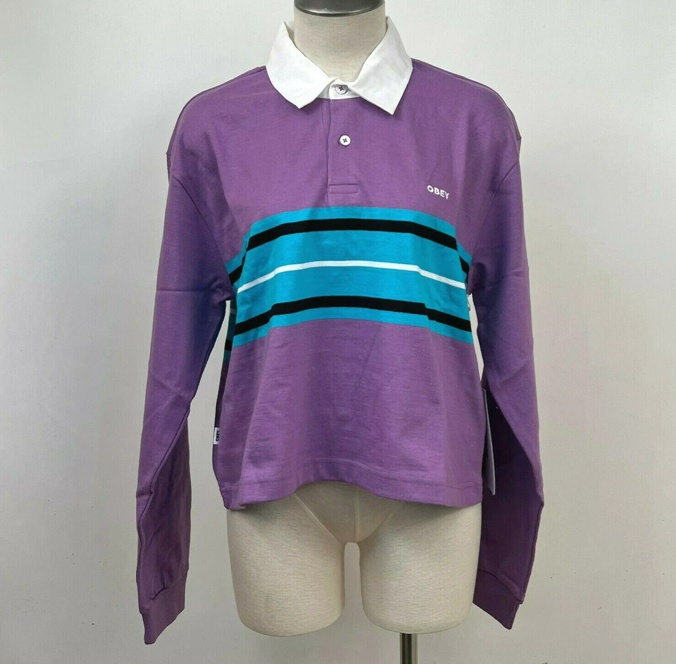 Polo de rugby recortado Obey para mujer LS Riley orquídea/verde azulado talla L nuevo con etiquetas Shepard Fairey Foto 1 de 2