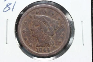 1844 Braided Hair Large Cent 1844 over 81 Overdate Mint Error VG+ 4AGA - Picture 1 of 5