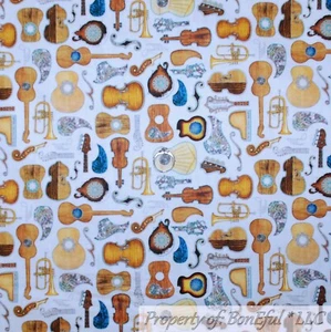 BonEful Fabric FQ Cotton Quilt White Brown Woodwind Music Instrument Guitar Sale - Picture 1 of 13