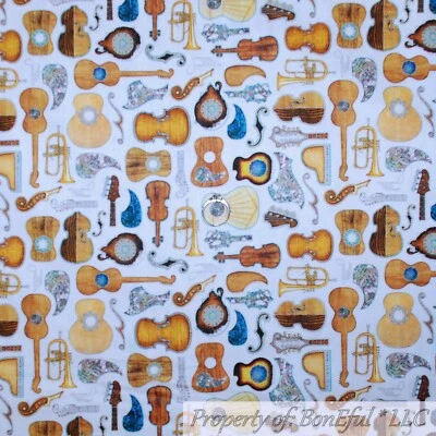BonEful Fabric Cotton Quilt White Brown Woodwind Music Instrument Guitar L SCRAP - Image 1 of 4