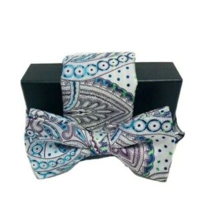 Barcelona Men's Bow Tie & Hanky Set Silver, Blue, Burgundy, Teal, Green Pre-Tied - Image 1 of 3