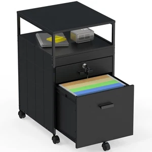 Box File Rolling Mobile Cabinet with Open Shelf and Lockable Drawer, Black - Picture 1 of 6