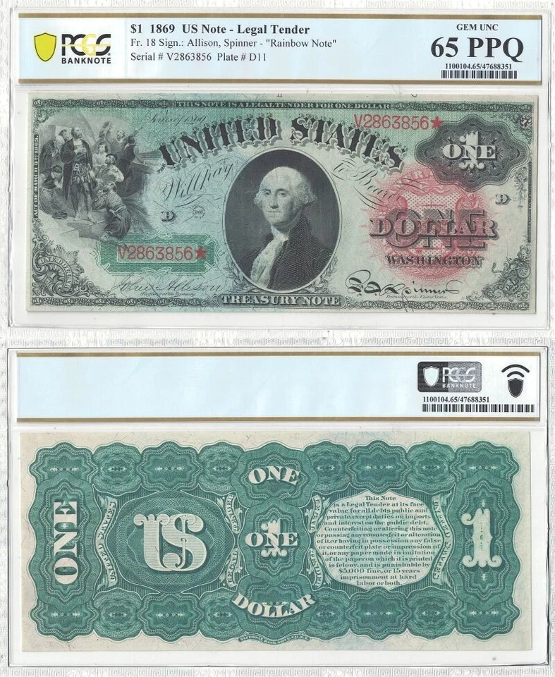 Billete de licitación legal de $1 de 1869 Fr-18 PCGS gema CU-65 PPQ Foto 1 de 1