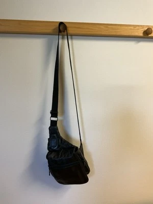 Buxton Vintage Black Leather Travel Sling Crossbody Shoulder Bag Canvas Strap - Image 1 of 4