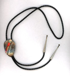 VINTAGE ~ NAVAJO ~ INLAID & STERLING SILVER "BOLO" TIE (j) - Picture 1 of 3