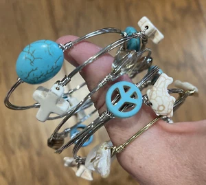 Lot of 6 Wire Bracelets Turquoise and Cream Cross, Peace Sign, Dolphins, Stones - Picture 1 of 11